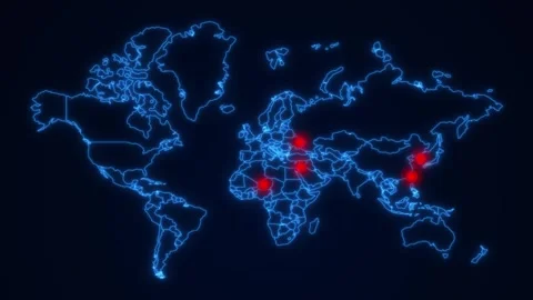 Digital Technology World Map Animation. Glowing hot points in Global Blue Map Lo Stock Footage 254878990