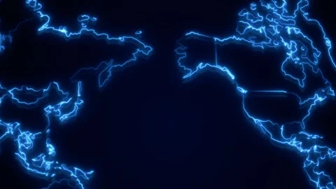 Digital Technology World Map Animation. Glowing Connections in Global Blue World Stock Footage 254883581