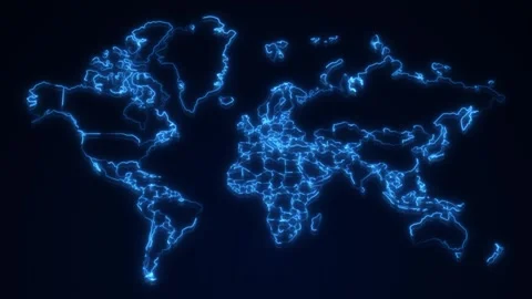 Digital Technology World Map Animation. Glowing Connections in Global Blue World Video stock 254883585