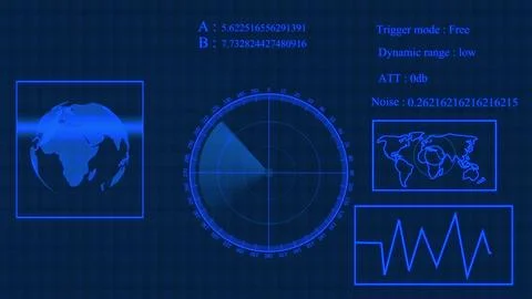 Digital technology world map, different information showing radar screen di.. Illustrazione stock