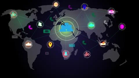 Digital technology world map with interface Concept of global business tech.. Stock Illustration