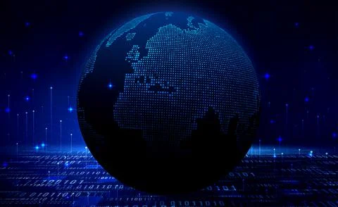 Digital technology worldwide global network internet connection blue background Stock Illustration