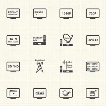 Digital Television icon sets with texture background. Vector Stock Illustration