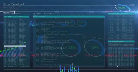 Digital terminal interface displaying code, charts, line graph and encryption on Stock Illustration