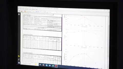 A digital test certificate for a pump displayed on a workstation monitor inside Video stock 328481570