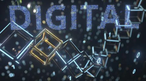 DIGITAL text and cubic chain and binary numbers. IT concept, 3D rendering 스톡 일러스트
