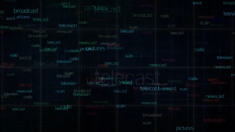 Digital Text Collage Featuring Broadcast and Communication Keywords Stockbeeldmateriaal 310397939