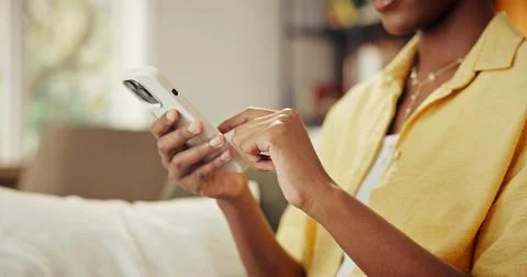 Digital, text message and hands on couch with phone, online chat and post r.. Stock Photos
