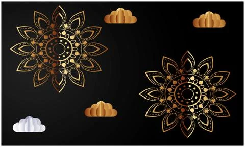 Digital textile design of gold clouds with flowers on abstract background Stock Illustration