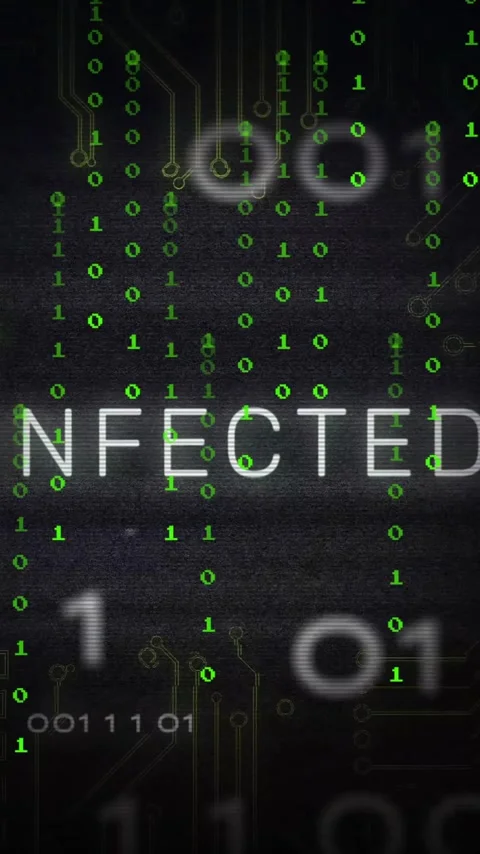 Digital theme animation with binary code and circuit patterns showing INFECTED 動画素材 344370529