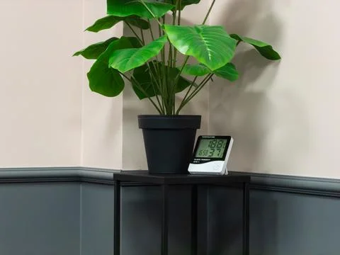 A digital thermometer and clock sit beside a potted plant on a minimalist metal Stock Photos