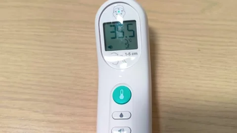 Digital thermometer displays 35.5 degrees Celsius, indicating a normal Stockbeeldmateriaal 318610816