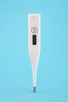 Digital thermometer levitating on a blue background. Stock Photos