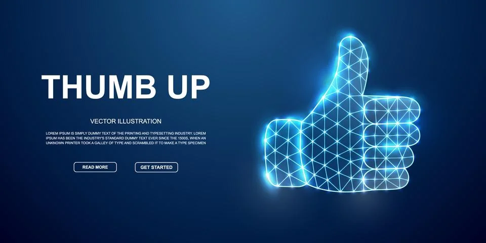 Digital thumbs up hand in glowing wireframe polygon mesh. Futuristic design for Stock Illustration