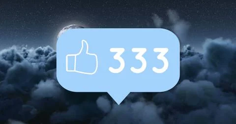 Digital thumbs-up icon with number 333 floating over cloudy night sky Ilustração Stock