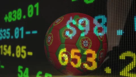 Digital ticker appearing triggers rotating Portugal-flag ball while scrolling Stock Footage 312500261