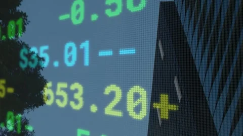 Digital ticker numerals updating and scrolling across urban scene, triggered by Stock Footage 332577319