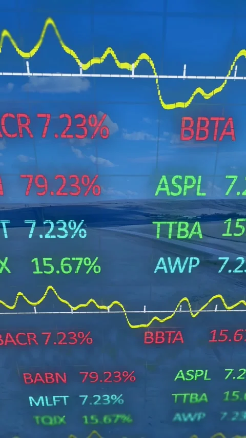 Digital ticker receiving feed, updating tickers and yellow wave revealing Stock Footage 330260418