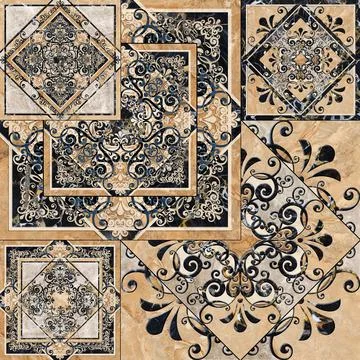 Digital tile design. Damask patchwork pattern with geometric and floral print Stock Illustration