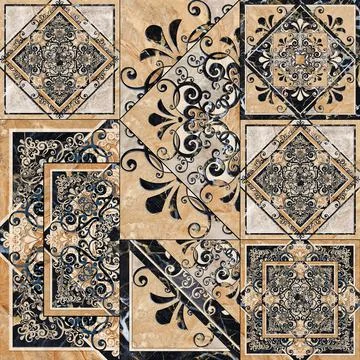 Digital tile design. Damask patchwork pattern with geometric and floral print Stock Illustration