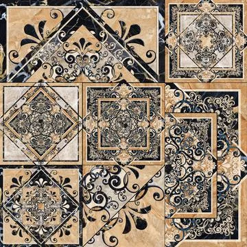 Digital tile design. Damask patchwork pattern with geometric and floral print Stock Illustration