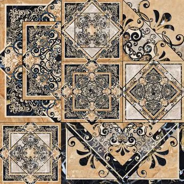 Digital tile design. Damask patchwork pattern with geometric and floral print Illustrazione stock