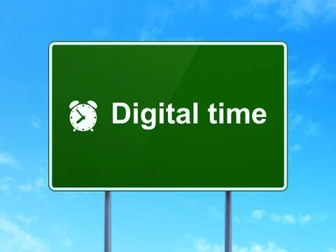 Digital Time and Alarm Clock on road sign 스톡 일러스트