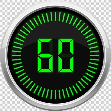 Digital timer displaying sixty seconds with a chrome bezel and green LED in.. Stock Illustration