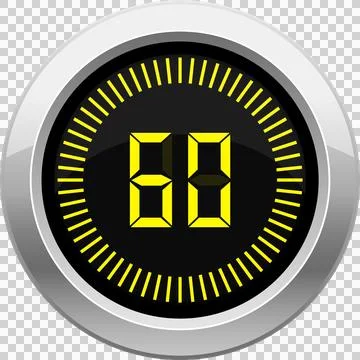 A digital timer with a shiny chrome border counts up to 60 seconds in yello.. Stock Illustration