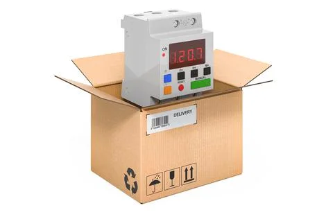 Digital timer switch inside cardboard box, delivery concept. 3D rendering Stock Illustration