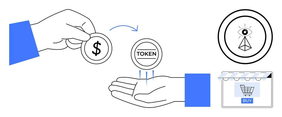 Digital Token Exchange Process Represented by Hands Holding Tokens, Cryptoc.. Stock Illustration