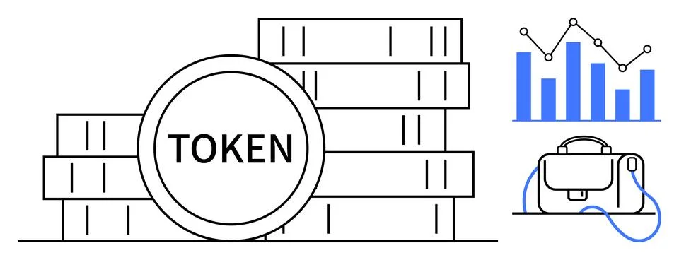 Digital Token Stack with Blue Bar Graph and Cryptocurrency Wallet for Block.. Stock Illustration