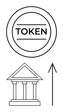 Digital Token Value Increase Represented by Coin, Bank Building and Upward .. Ilustración de archivo