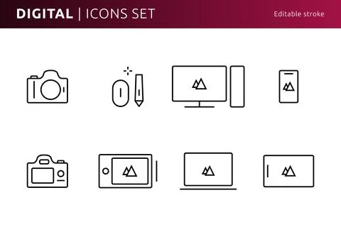 Digital tool icons designed in line art style can be used for web and print.. Illustrazione stock