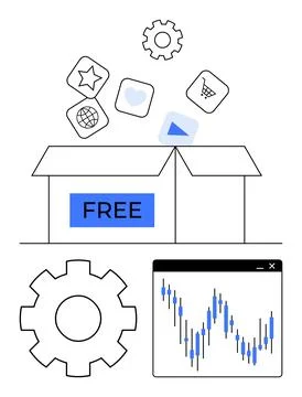 Digital Tools and Analytics Emerging from Free Box with Gear and Chart Elemen Illustrazione stock