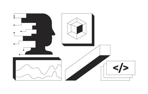 Digital tools and artificial intelligence 2D line objects set 스톡 일러스트