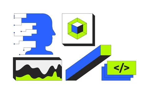 Digital tools and artificial intelligence 2D cartoon objects set Stock Illustration