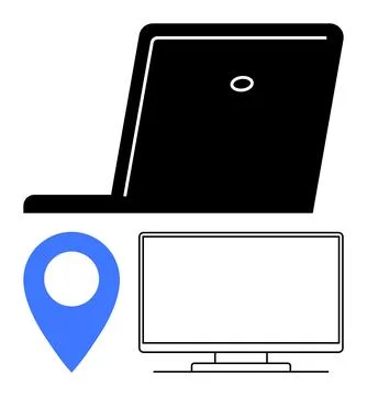 Digital Tools and Navigation Concept with Laptop, Monitor, and Location Pin Stock Illustration