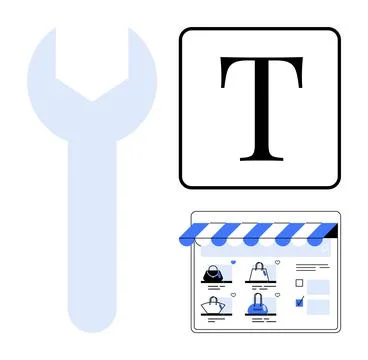 Digital tools including a wrench, text formatting, and online store elements. Stock Illustration