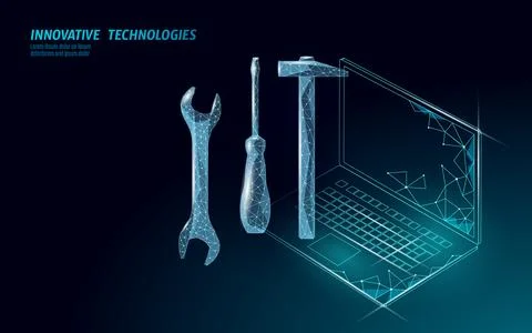 Digital tools repairs laptop concept. Repair service automation hardware Stock Illustration