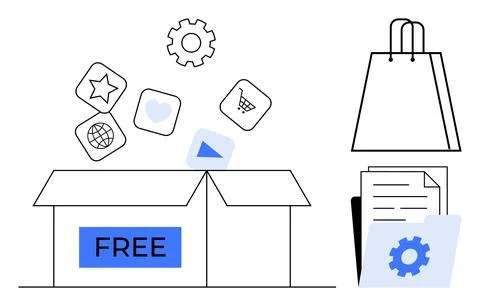 Digital Tools Unboxed from Free Package with Shopping Bag and Documents Ind.. Stock Illustration
