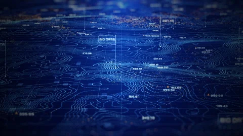 Digital topographic map with glowing data points and data network, futurist. Stock Footage 310866065