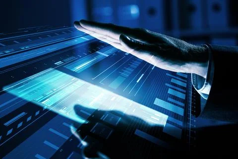 Digital Touchscreen Interface with Hand and Futuristic Data Dashboard Stock Photos