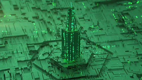 Digital tower of glowing green HEX code loopable 3D render animation Stockbeeldmateriaal 157417683