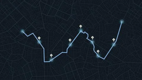 Digital tracking interface showing blue itinerary path with multiple numbered Stock Illustration