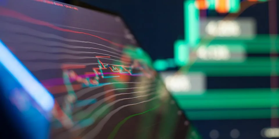 Digital Trading Interface with Candlestick Chart and Data Overlay Highlight.. Stock Photos