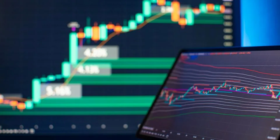 Digital Trading Interface with Candlestick Chart and Data Overlay Highlight.. Stock Photos