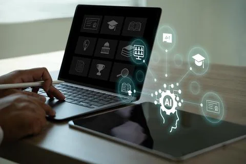 Digital training webinar Concept of Online education screen in a laptop on .. Stock Photos