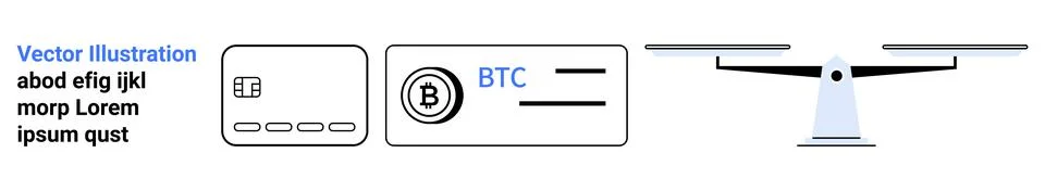 Digital transaction elements with an icon for Bitcoin BTC and a balance scale Stock Illustration