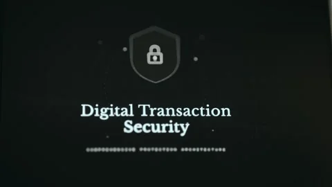 Digital Transaction Security text along with a shield icon containing a lock Video stock 332046969
